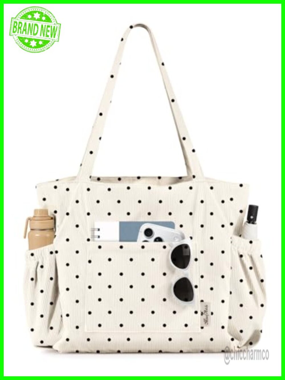 Corduroy Tote Bag for Women Multi-Pocket Zip Shoulder Bag